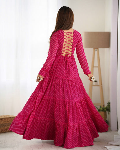 Rani Pink Vibrant Laheriya Print Georgette Anarkali Gown Dress