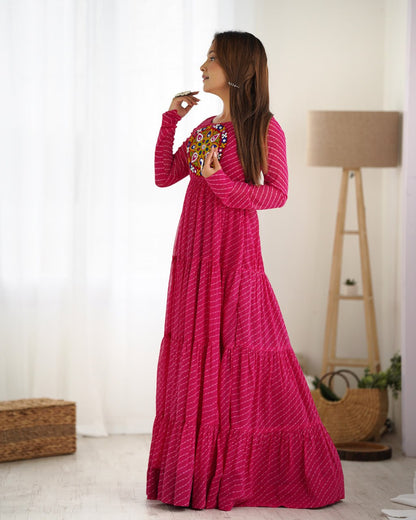 Rani Pink Vibrant Laheriya Print Georgette Anarkali Gown Dress