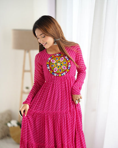 Rani Pink Vibrant Laheriya Print Georgette Anarkali Gown Dress