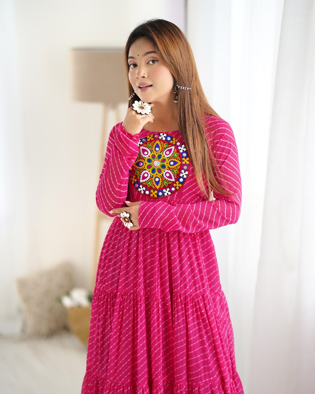 Rani Pink Vibrant Laheriya Print Georgette Anarkali Gown Dress