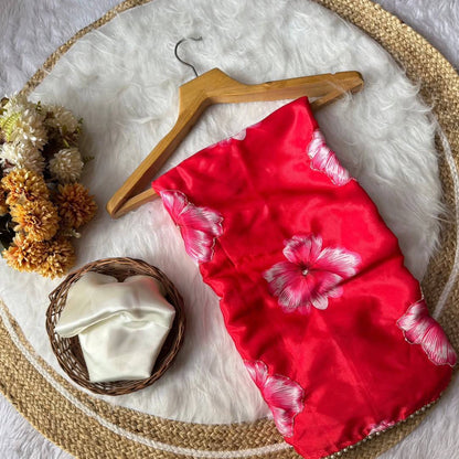 Red Chinnon Silk Printed Saree with Satin Silk Blouse