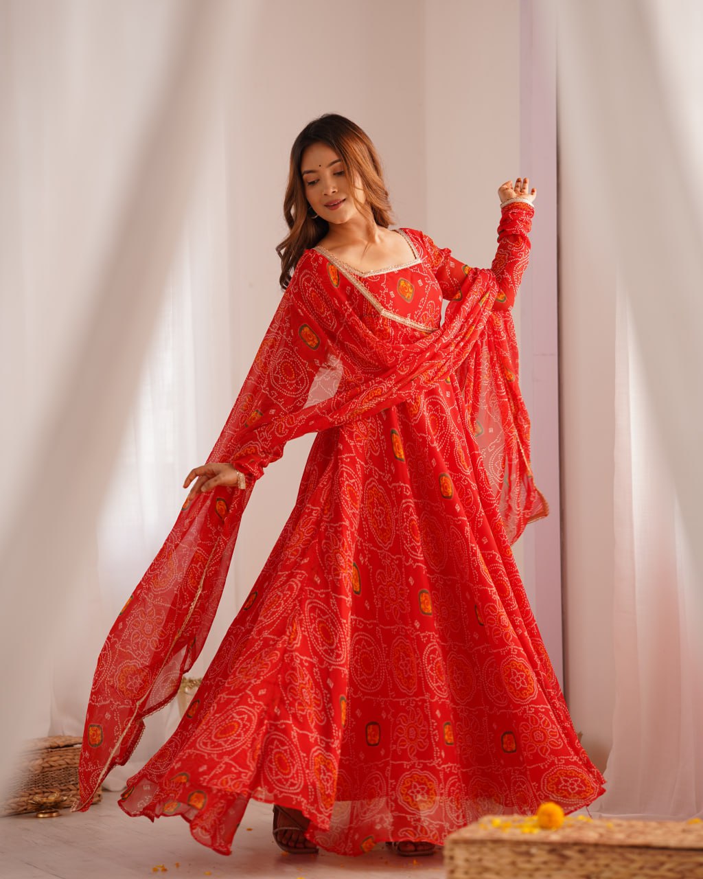RED Designer Pure Chiffon Bandhej Anarkali Gown Set with Dupatta