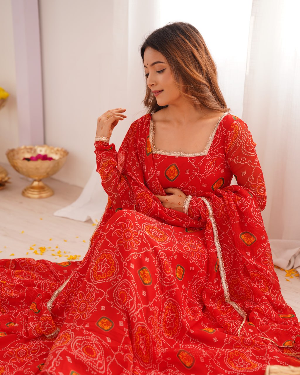 RED Designer Pure Chiffon Bandhej Anarkali Gown Set with Dupatta