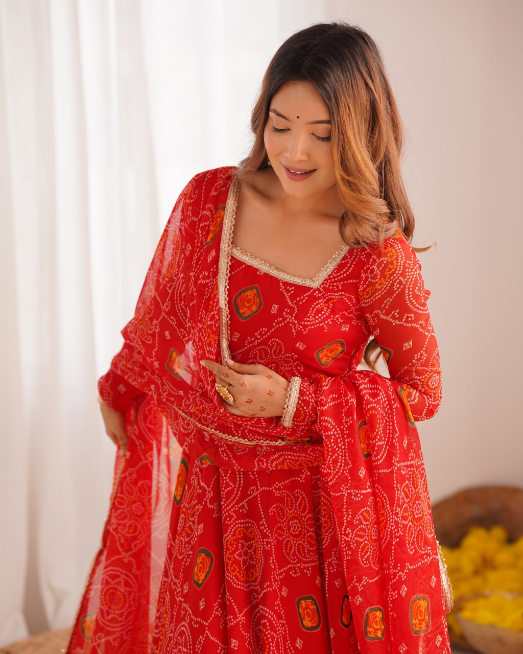 RED Designer Pure Chiffon Bandhej Anarkali Gown Set with Dupatta