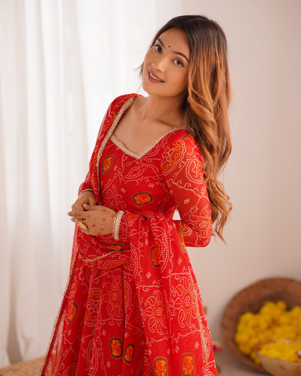 RED Designer Pure Chiffon Bandhej Anarkali Gown Set with Dupatta