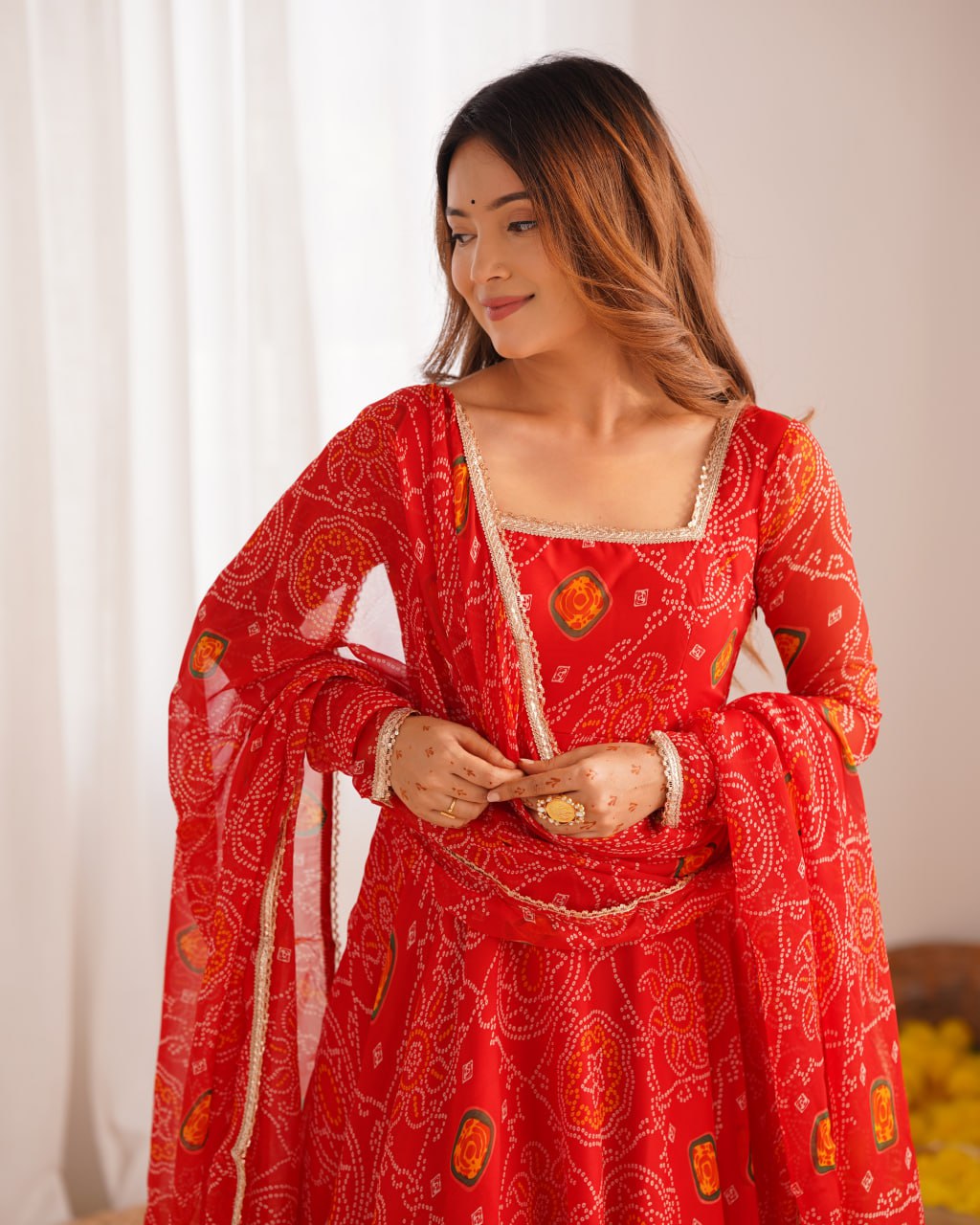 RED Designer Pure Chiffon Bandhej Anarkali Gown Set with Dupatta