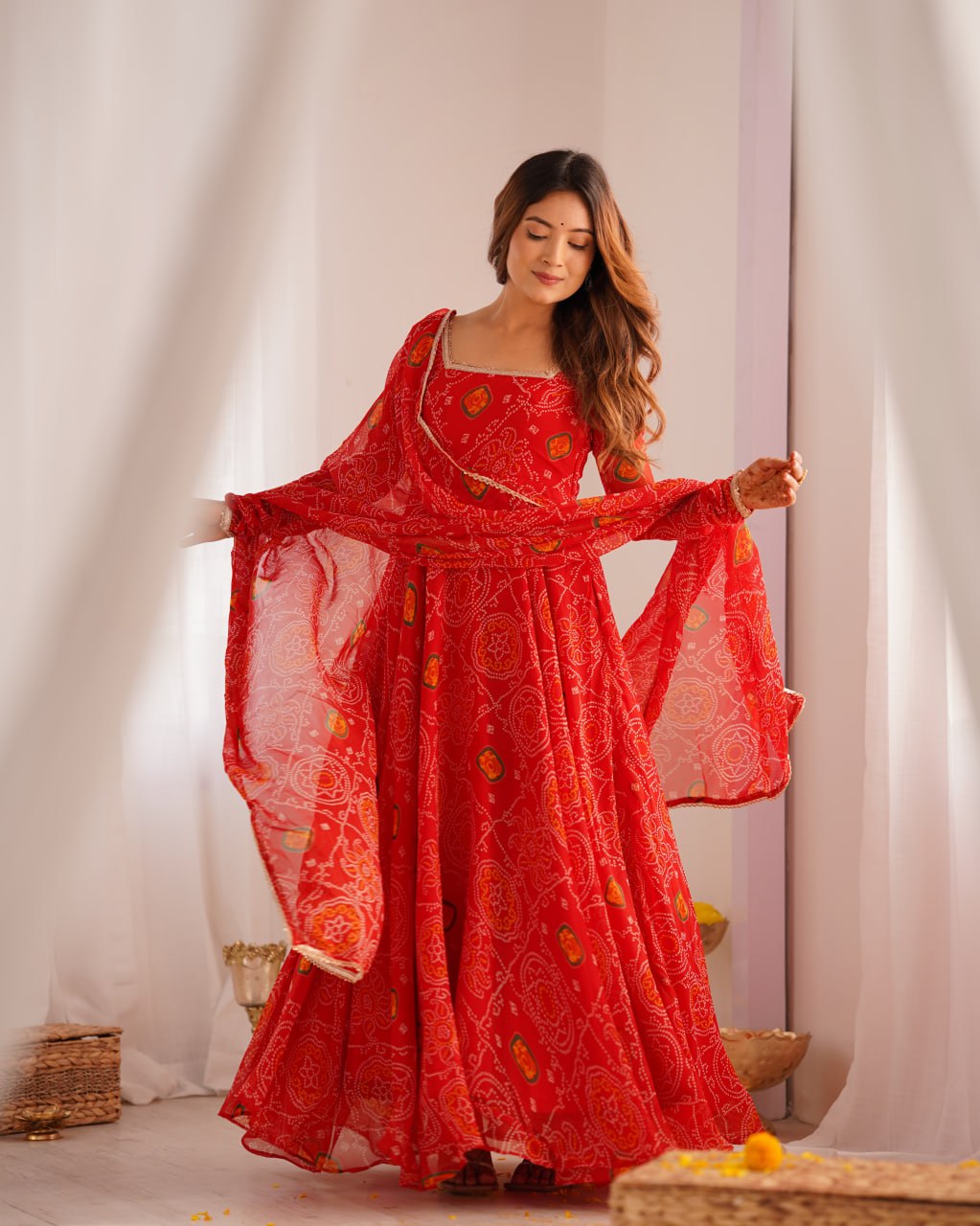 RED Designer Pure Chiffon Bandhej Anarkali Gown Set with Dupatta
