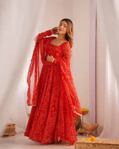 RED Designer Pure Chiffon Bandhej Anarkali Gown Set with Dupatta