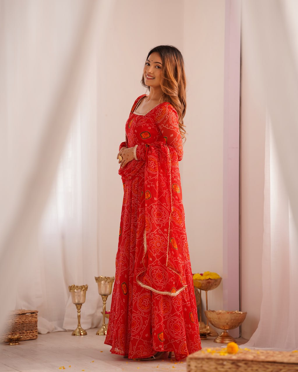 RED Designer Pure Chiffon Bandhej Anarkali Gown Set with Dupatta