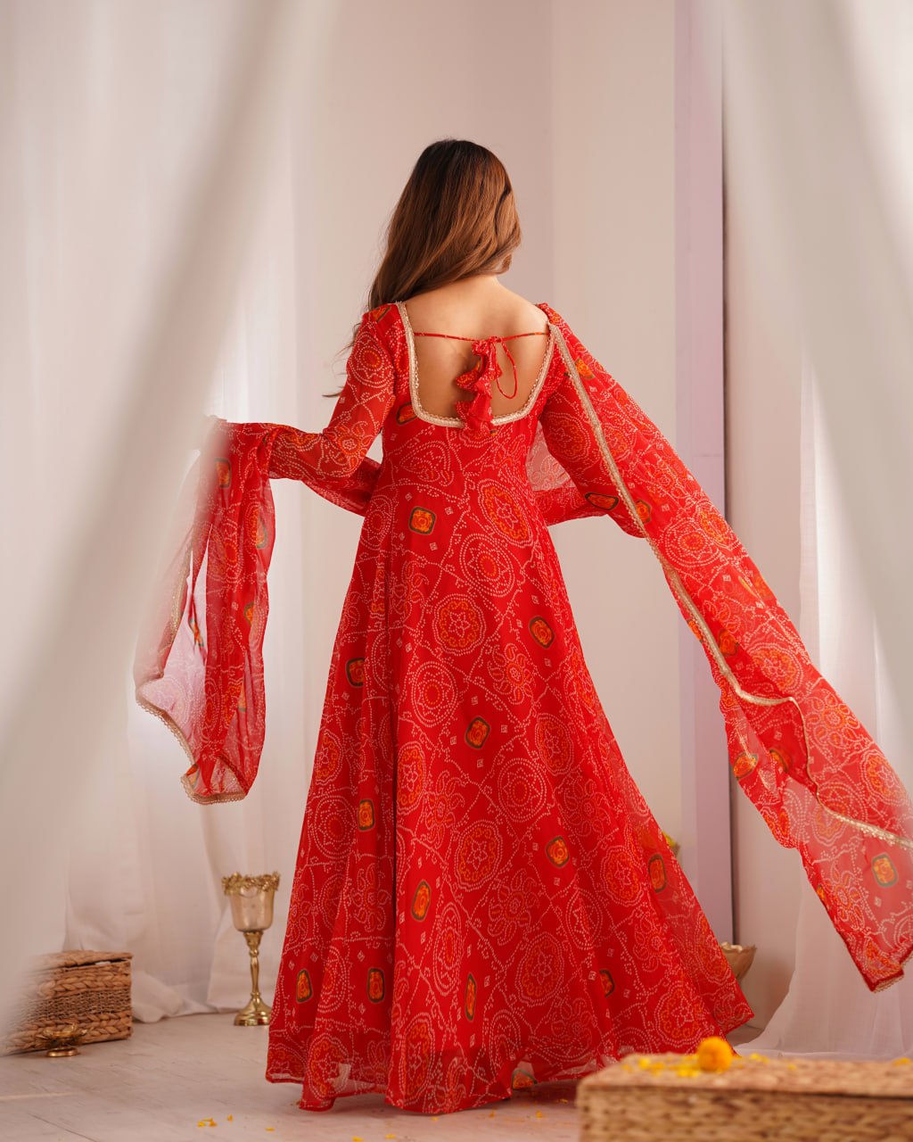 RED Designer Pure Chiffon Bandhej Anarkali Gown Set with Dupatta
