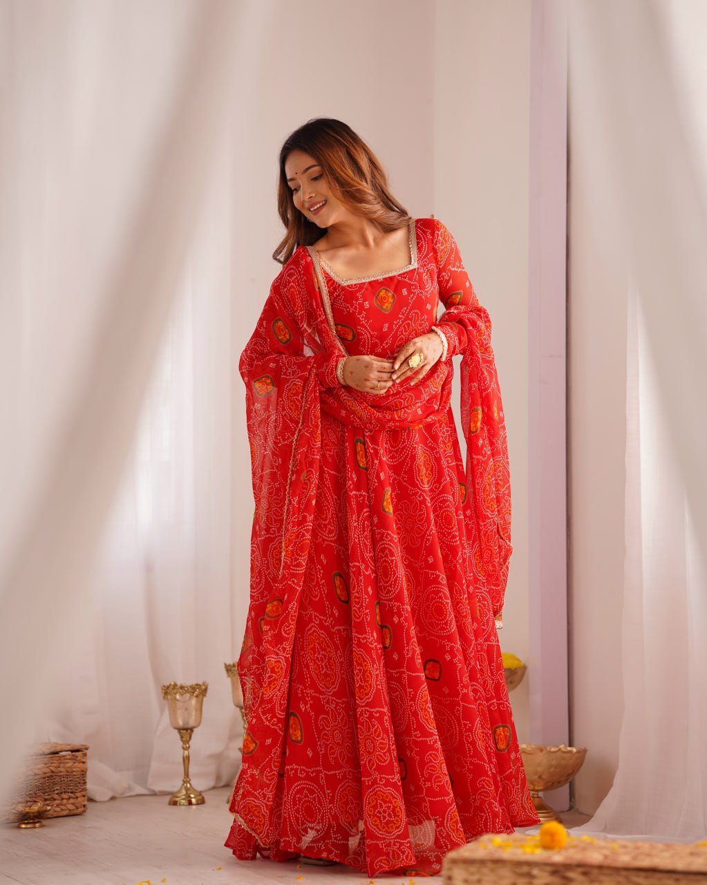 RED Designer Pure Chiffon Bandhej Anarkali Gown Set with Dupatta
