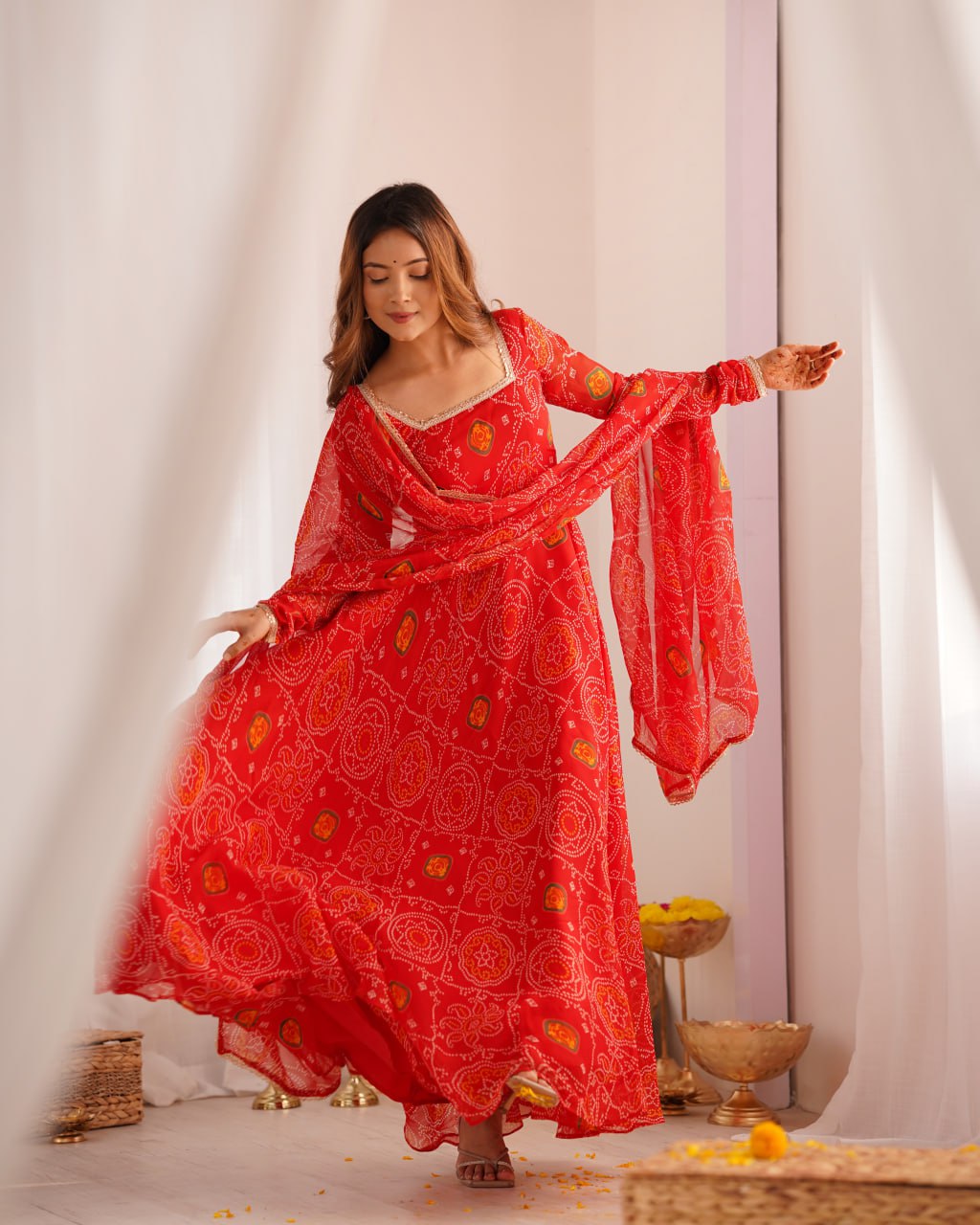 RED Designer Pure Chiffon Bandhej Anarkali Gown Set with Dupatta