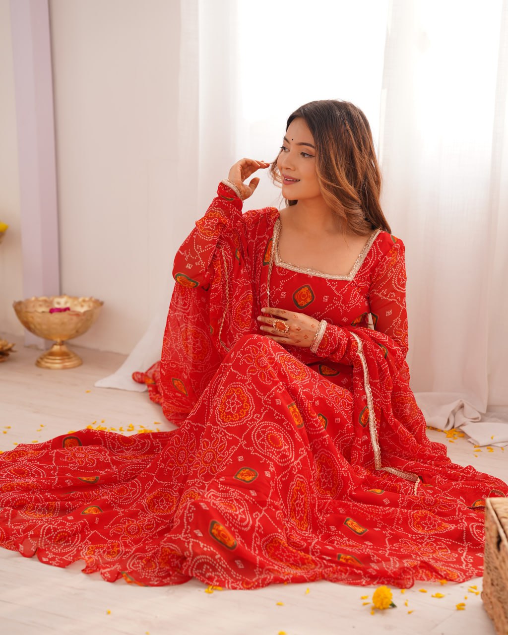 RED Designer Pure Chiffon Bandhej Anarkali Gown Set with Dupatta