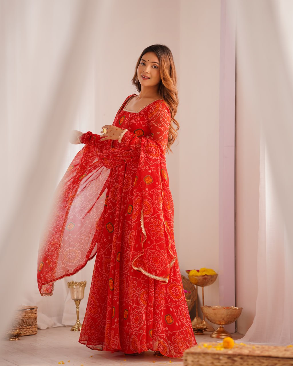 RED Designer Pure Chiffon Bandhej Anarkali Gown Set with Dupatta