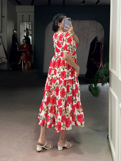 Red Flower Floral Vichitra Silk Frock – Ethnic Designer Dress