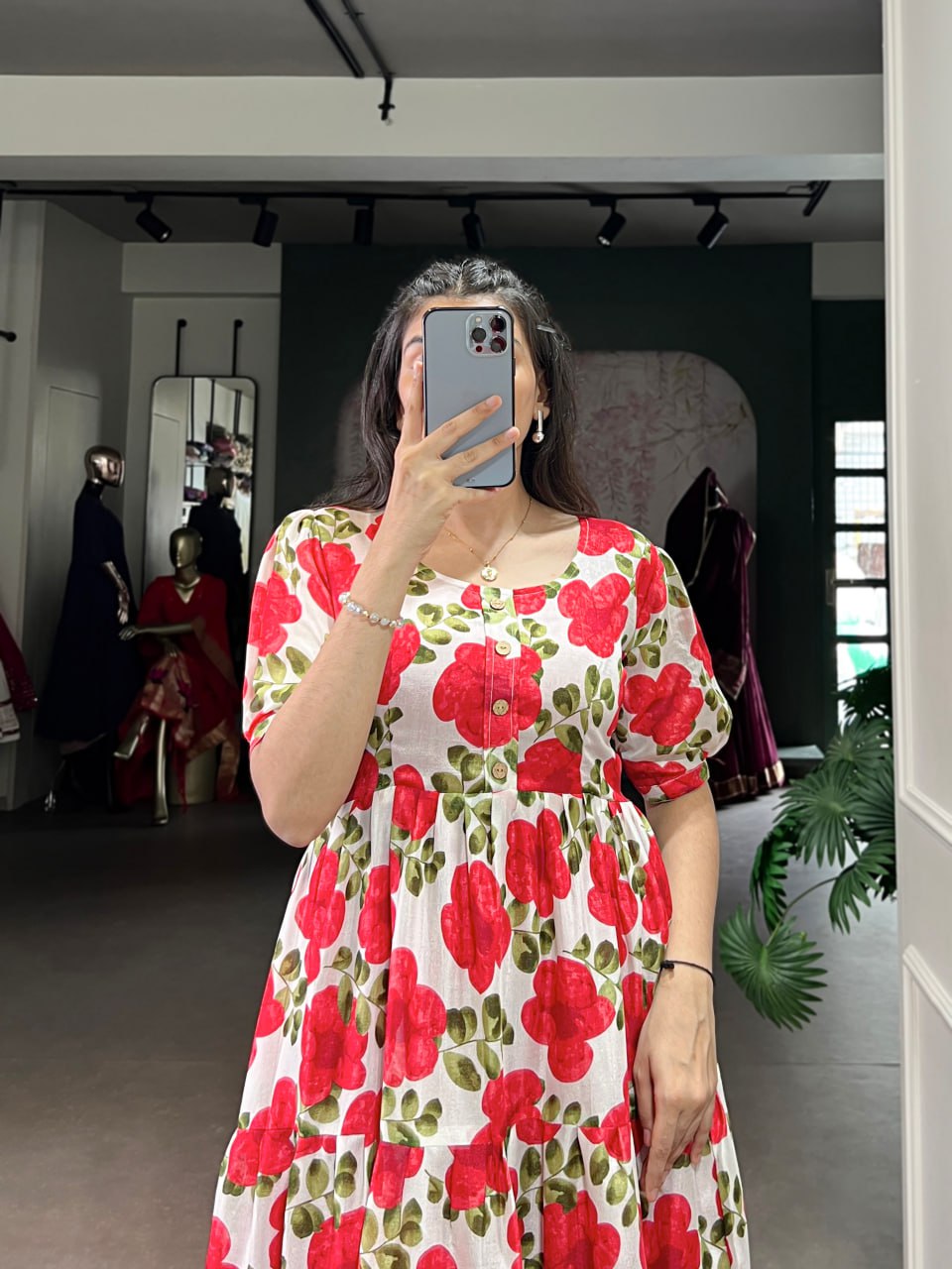 Red Flower Floral Vichitra Silk Frock – Ethnic Designer Dress