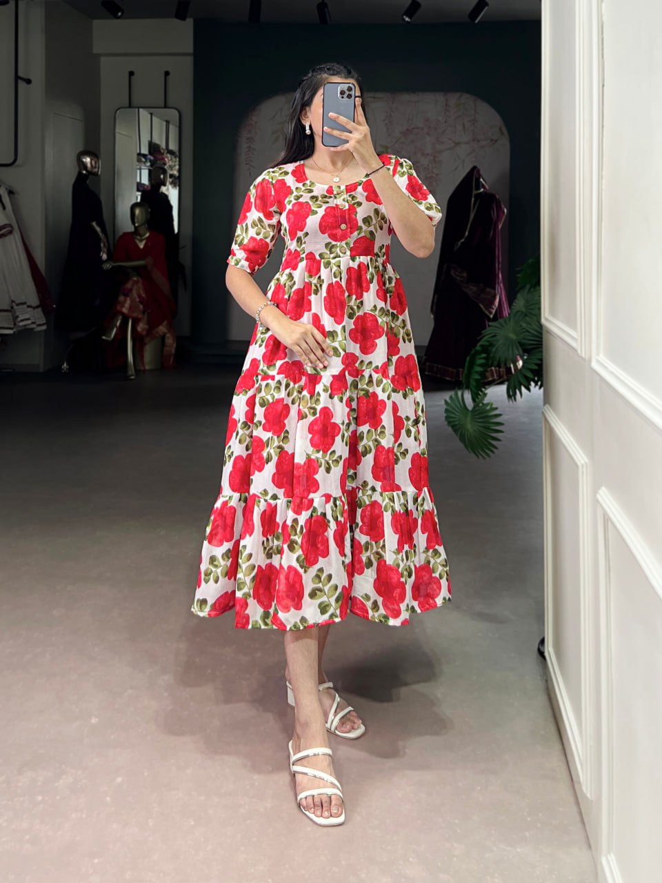 Red Flower Floral Vichitra Silk Frock – Ethnic Designer Dress