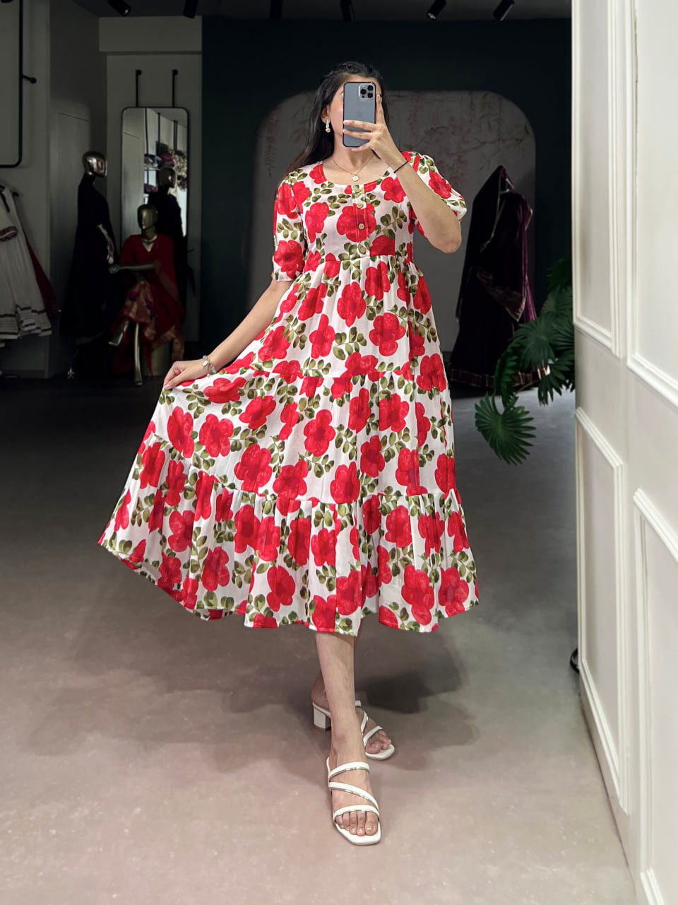 Red Flower Floral Vichitra Silk Frock – Ethnic Designer Dress