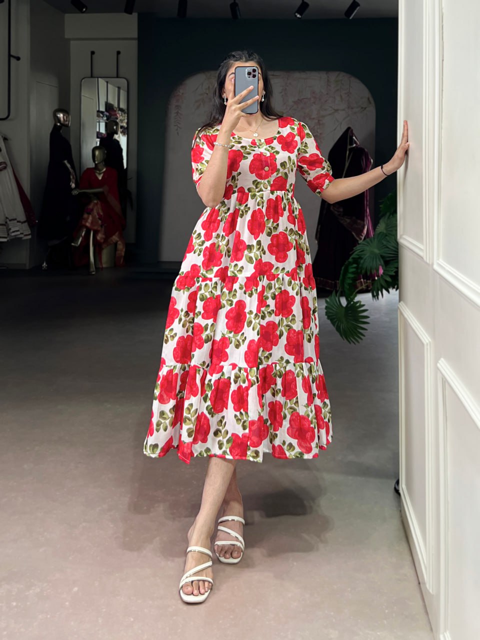 Red Flower Floral Vichitra Silk Frock – Ethnic Designer Dress