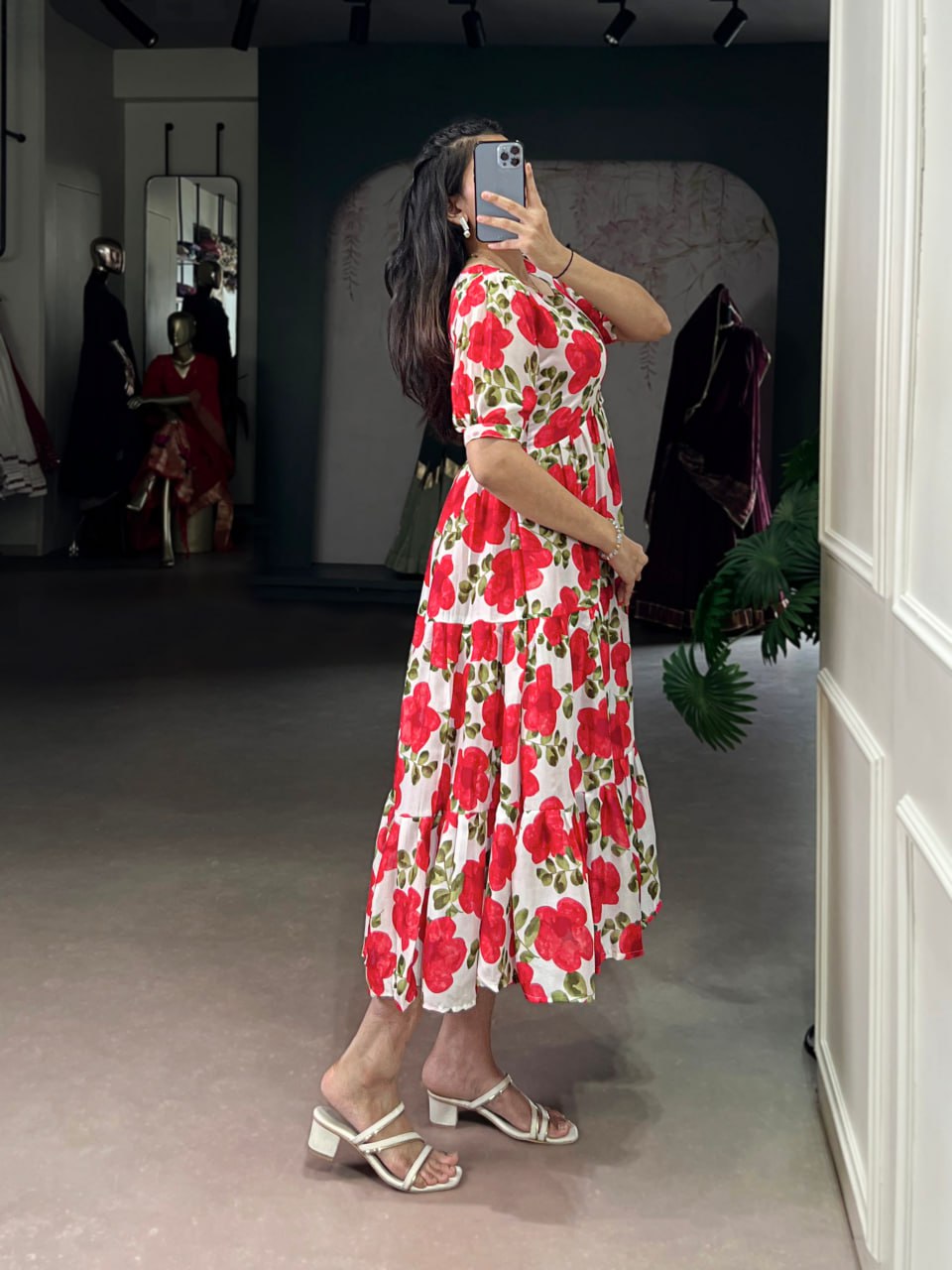 Red Flower Floral Vichitra Silk Frock – Ethnic Designer Dress