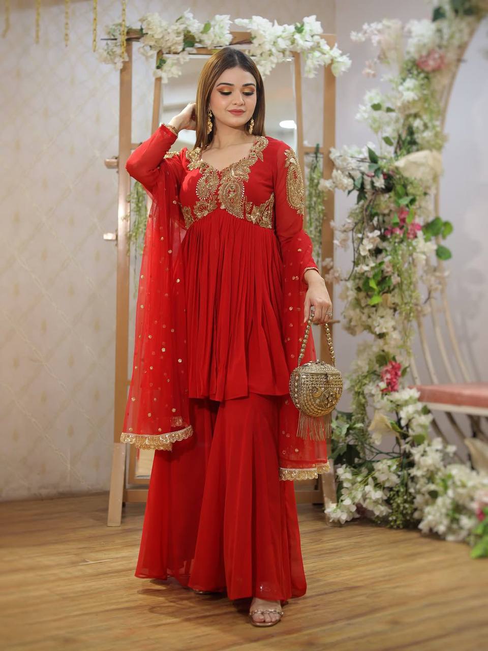 Red Georgette Sequins Embroidered Palazzo Suit with Matching Dupatta
