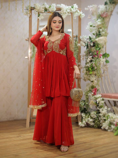 Red Georgette Sequins Embroidered Palazzo Suit with Matching Dupatta