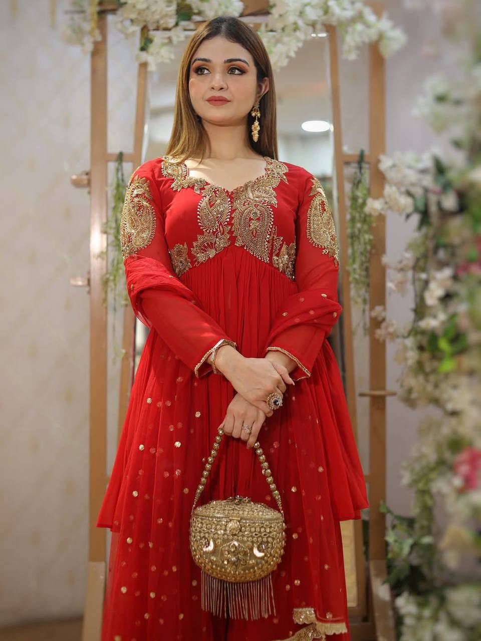 Red Georgette Sequins Embroidered Palazzo Suit with Matching Dupatta
