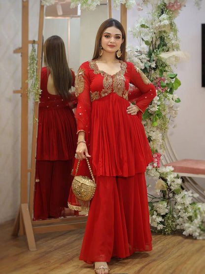 Red Georgette Sequins Embroidered Palazzo Suit with Matching Dupatta