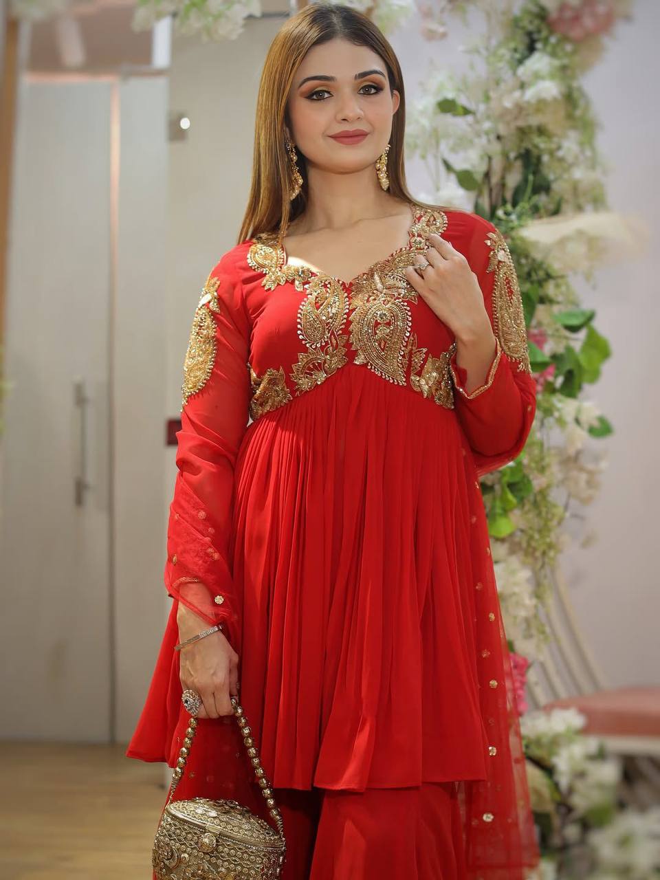 Red Georgette Sequins Embroidered Palazzo Suit with Matching Dupatta