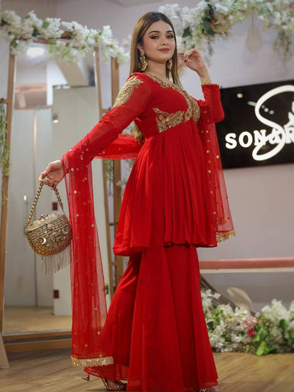 Red Georgette Sequins Embroidered Palazzo Suit with Matching Dupatta