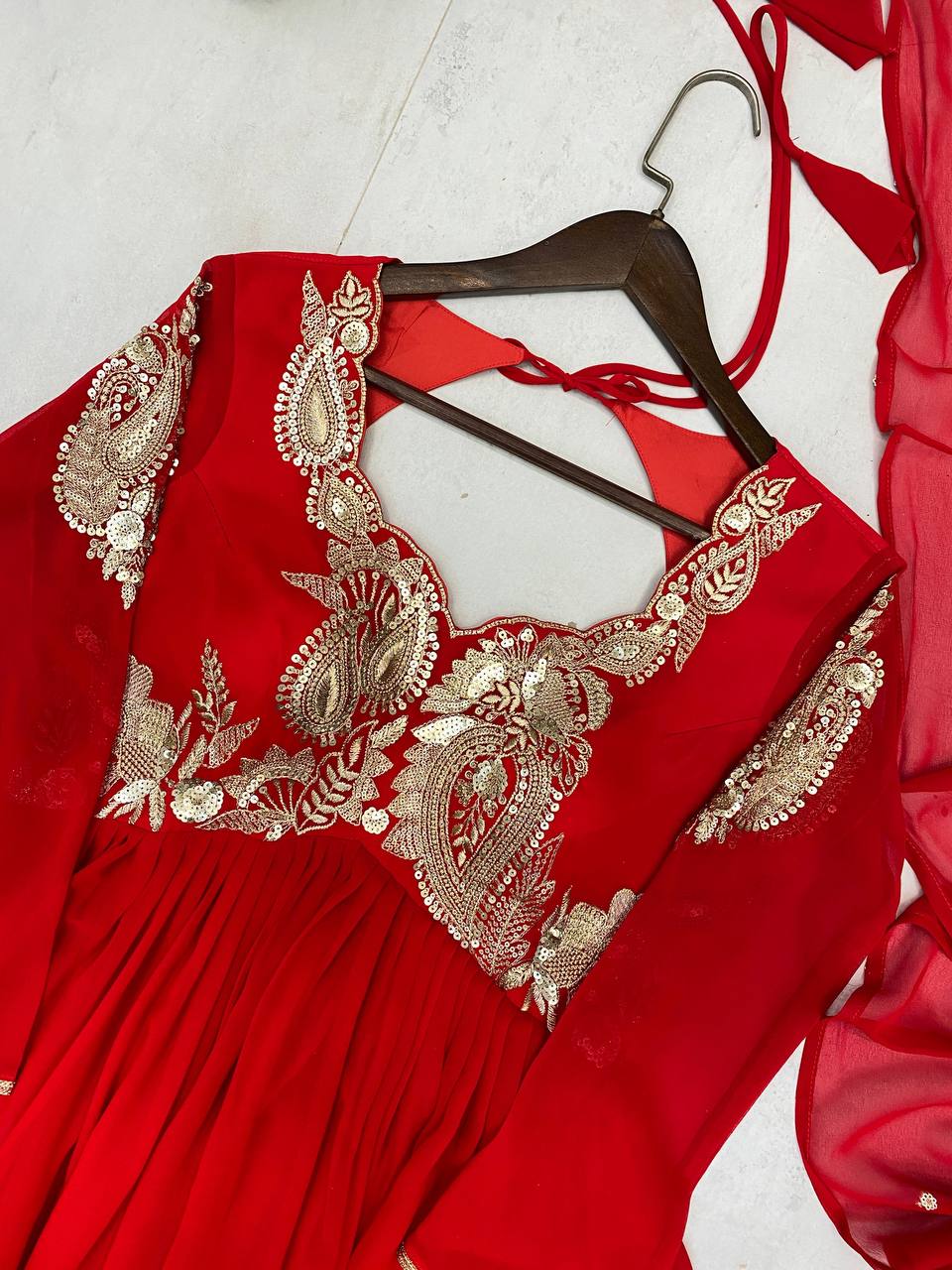 Red Georgette Sequins Embroidered Palazzo Suit with Matching Dupatta