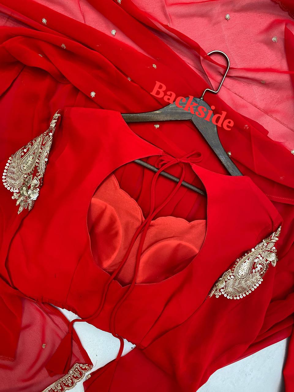 Red Georgette Sequins Embroidered Palazzo Suit with Matching Dupatta