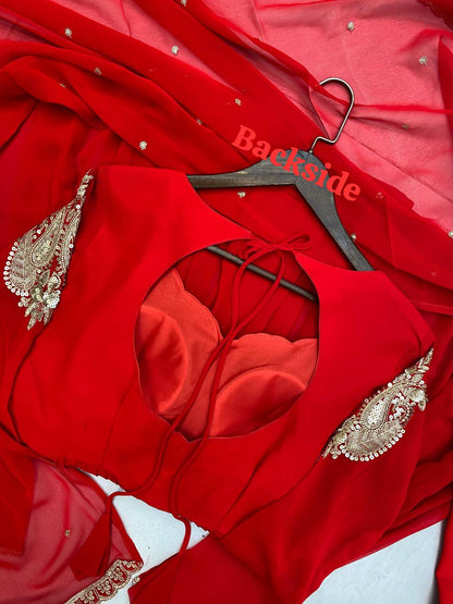 Red Georgette Sequins Embroidered Palazzo Suit with Matching Dupatta