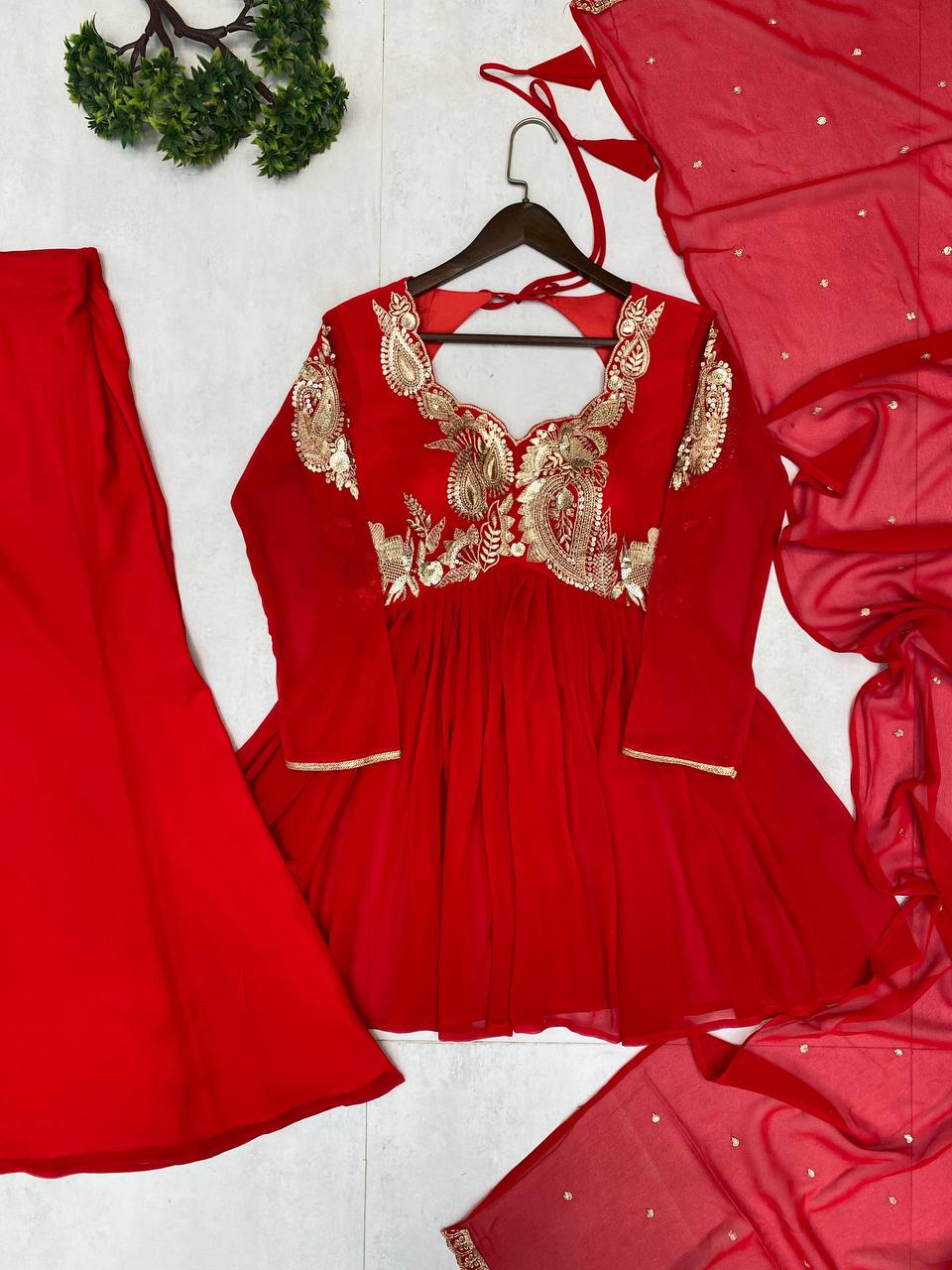 Red Georgette Sequins Embroidered Palazzo Suit with Matching Dupatta