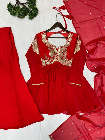 Red Georgette Sequins Embroidered Palazzo Suit with Matching Dupatta