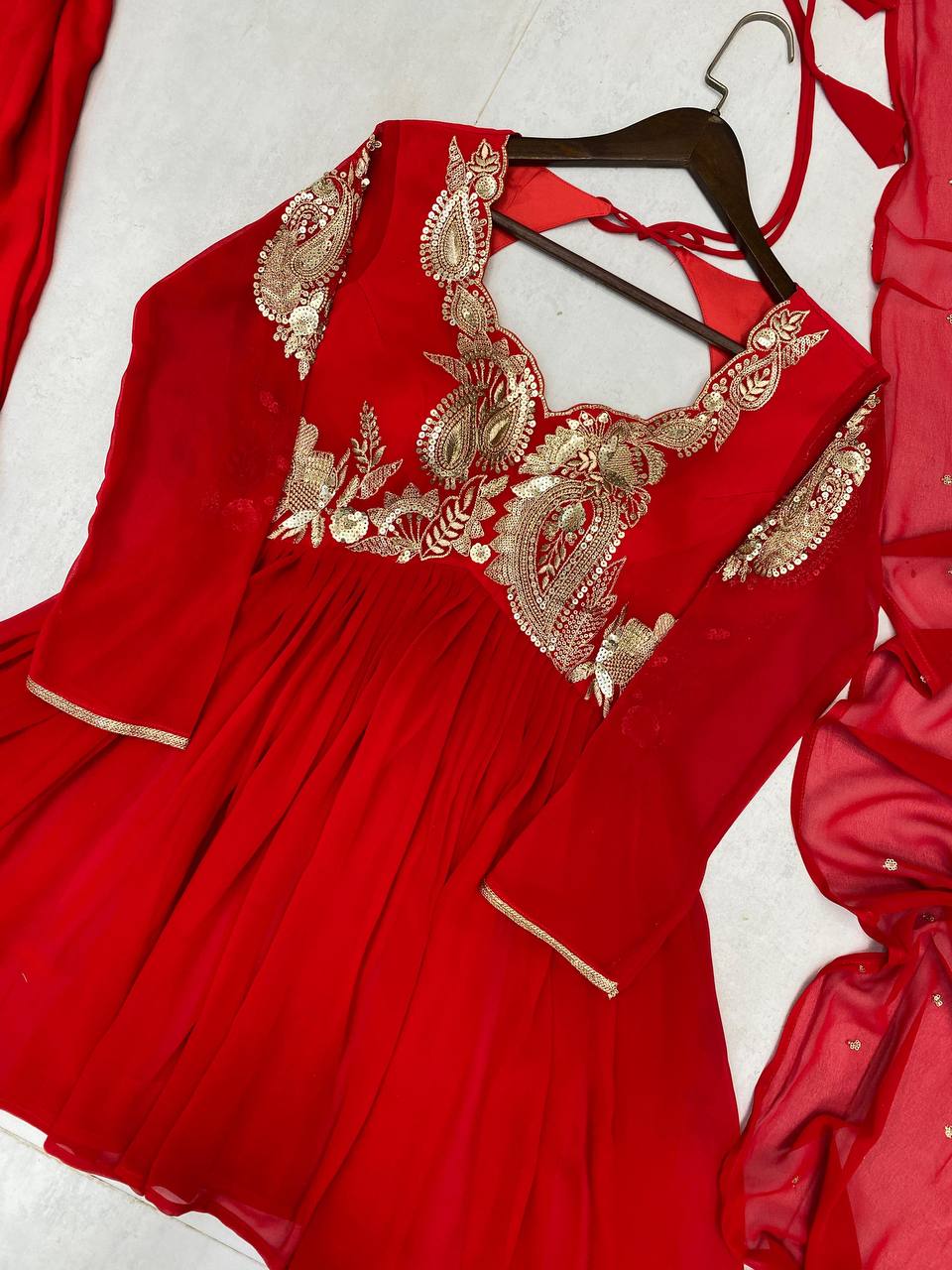 Red Georgette Sequins Embroidered Palazzo Suit with Matching Dupatta