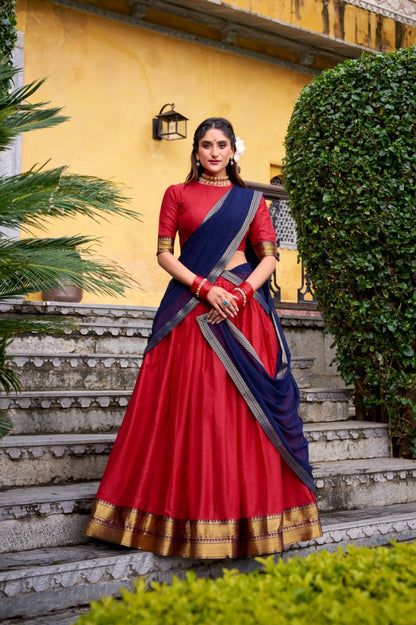 Red Poly Cotton Zari Weaving Lehenga Choli Set with Bule Dupatta