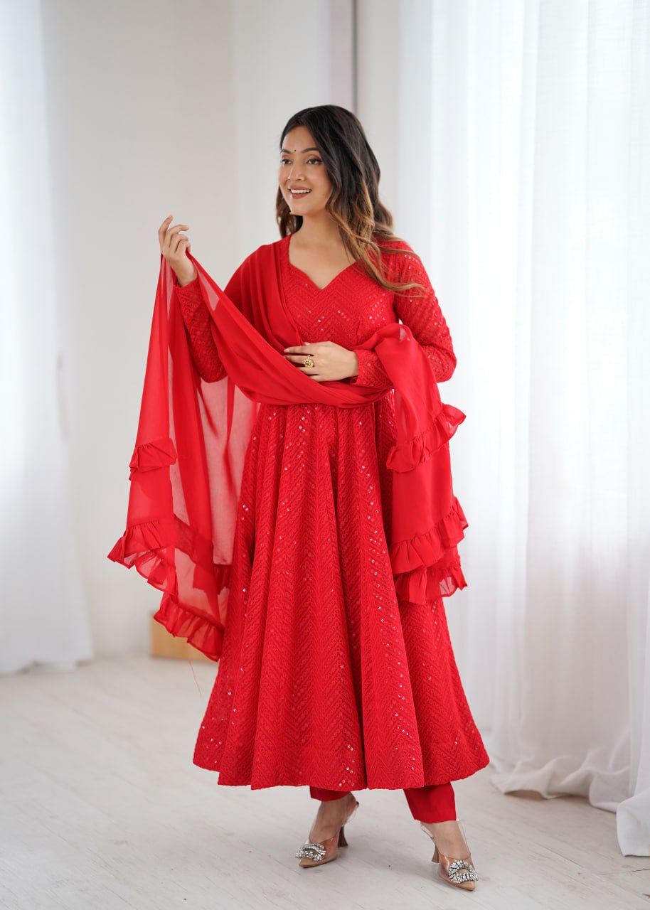 RED Premium Lucknowi Fox Georgette Anarkali Suit Set with Dupatta