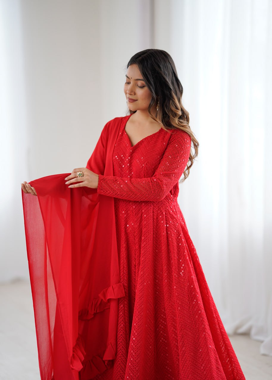 RED Premium Lucknowi Fox Georgette Anarkali Suit Set with Dupatta