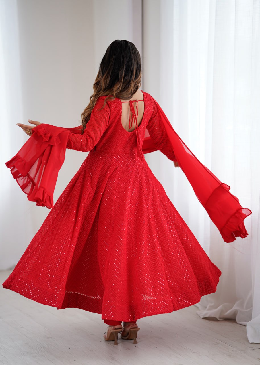 RED Premium Lucknowi Fox Georgette Anarkali Suit Set with Dupatta
