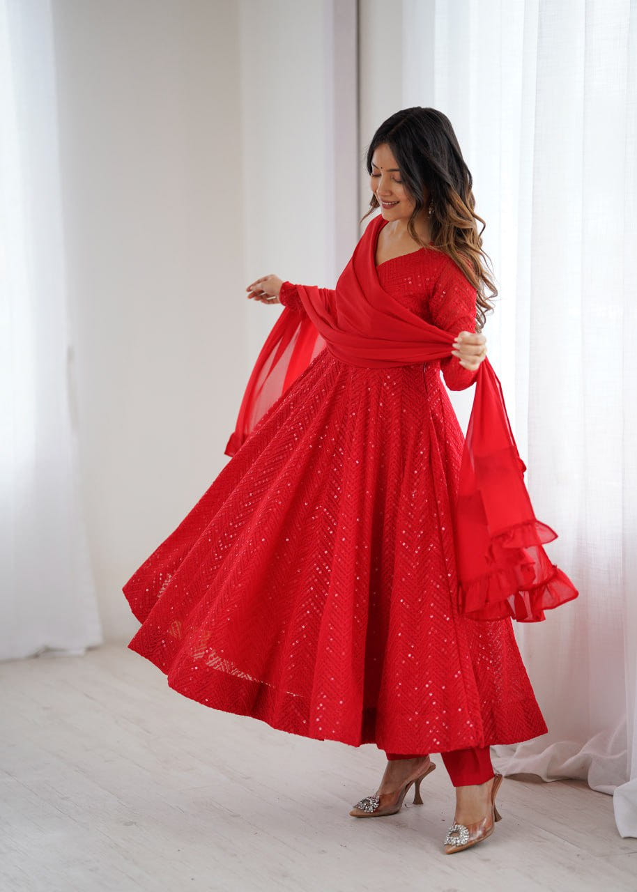 RED Premium Lucknowi Fox Georgette Anarkali Suit Set with Dupatta