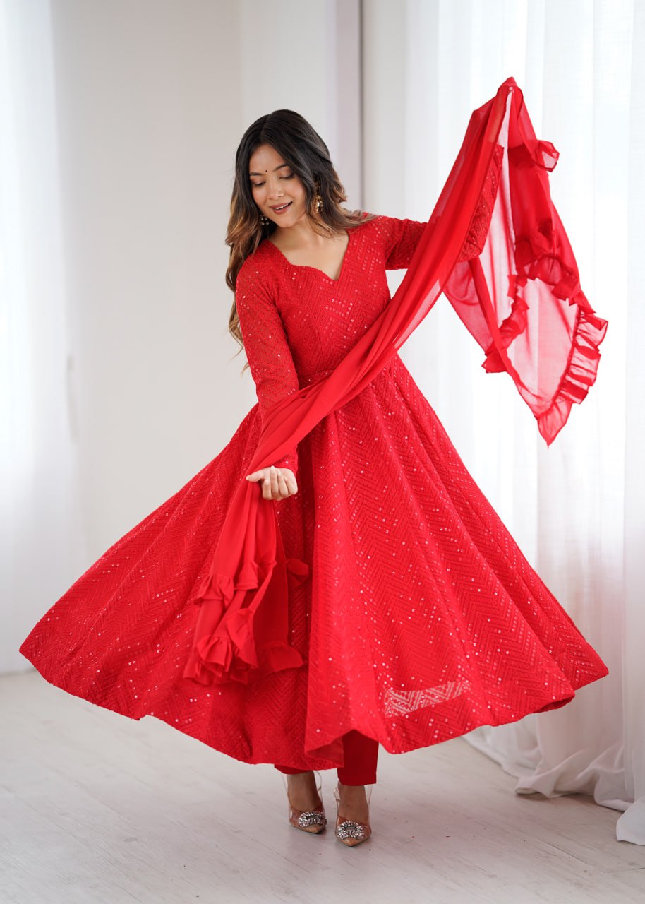 RED Premium Lucknowi Fox Georgette Anarkali Suit Set with Dupatta