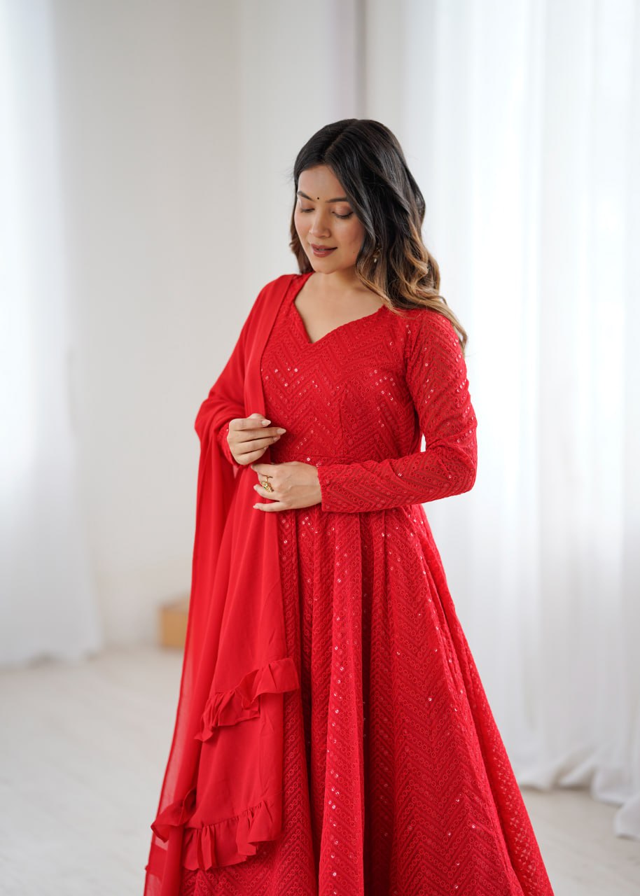 RED Premium Lucknowi Fox Georgette Anarkali Suit Set with Dupatta