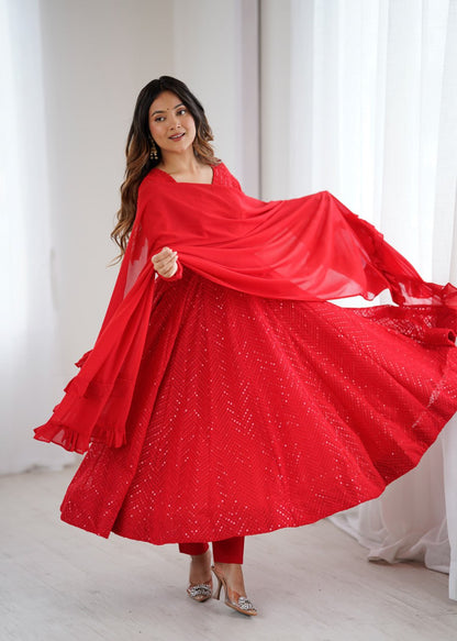 RED Premium Lucknowi Fox Georgette Anarkali Suit Set with Dupatta