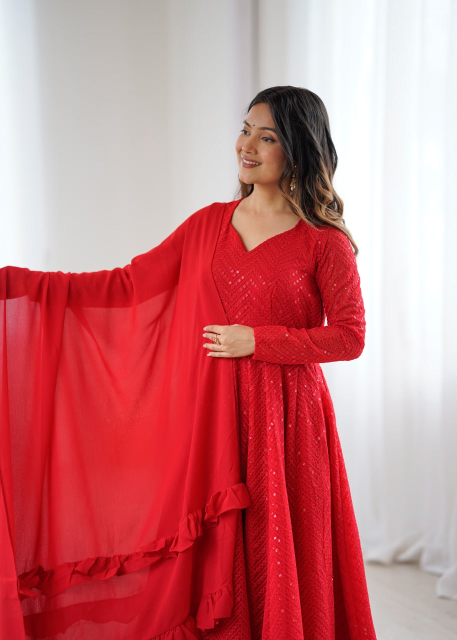 RED Premium Lucknowi Fox Georgette Anarkali Suit Set with Dupatta