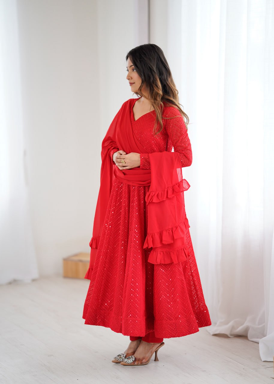 RED Premium Lucknowi Fox Georgette Anarkali Suit Set with Dupatta