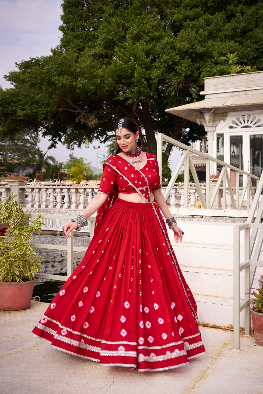 Red Pure Chanderi Bandhej Print Lace work Lehenga Choli Set