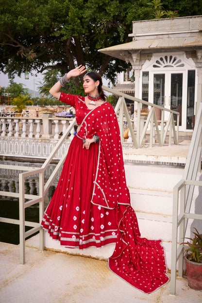 Red Pure Chanderi Bandhej Print Lace work Lehenga Choli Set