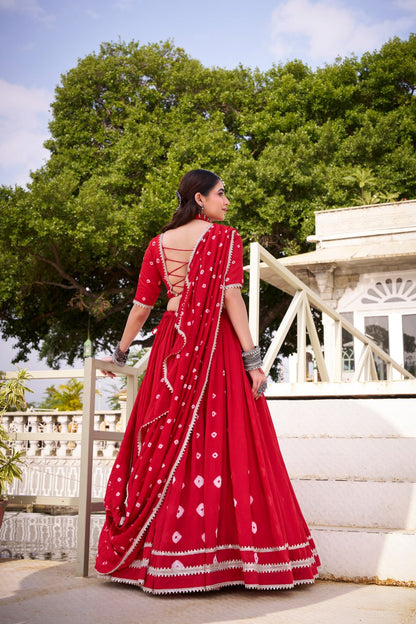 Red Pure Chanderi Bandhej Print Lace work Lehenga Choli Set