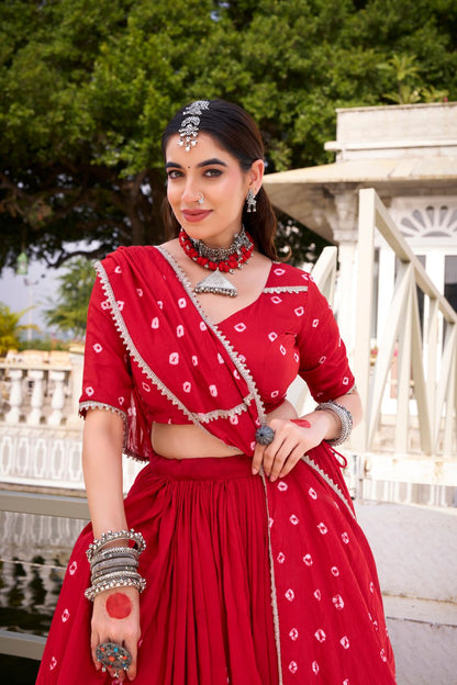 Red Pure Chanderi Bandhej Print Lace work Lehenga Choli Set